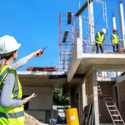 The engineer talks to the contractor to supervise and plan the work.