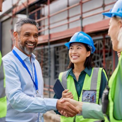 Smiling construction professionals exchanging a handshake as part of their partnership on site. Happy engineer shaking hands at construction site with happy businessman. Handshake between middle eastern construction manager with architect at building site, conclude an agreement.